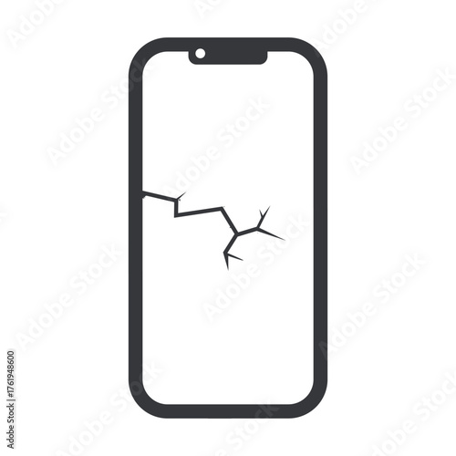 Isolated pictogram of a cracked smartphone screen symbolizing damaged electronics, e-waste, phone malfunction, and repair or recycling.