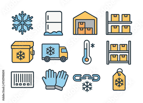 Cold storage icons set featuring temperature control and logistics symbols