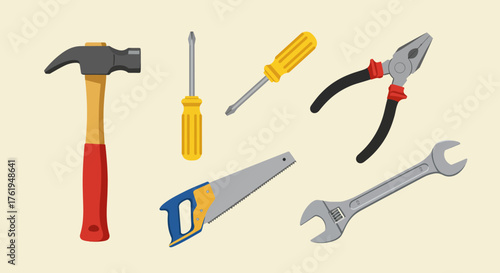 Collection of Hand Tools Hammer, Screwdrivers, Pliers, Saw, and Wrench for Home Improvement and DIY Projects