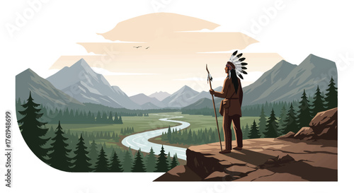 Native American man in traditional headdress standing on cliff overlooking serene mountain landscape with river.