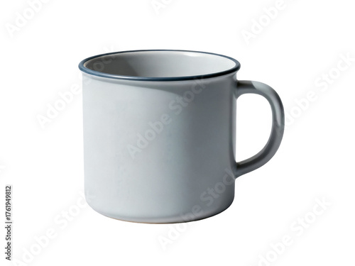 Gray enamel camping mug, vintage style metal cup. Outdoor drinkware for hiking, travel, and coffee. Retro tin coffee cup. Isolated on transparent background, png