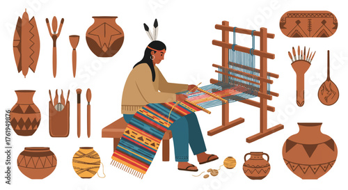 Native American woman weaving on a loom surrounded by traditional pottery and tools on a white background.