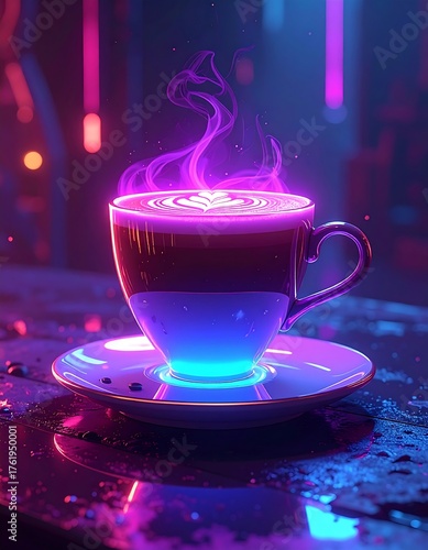 A luminous cappuccino with glowing purple steam in a neon-lit cyberpunk cafe, a vibrant tribute for Cappuccino Day