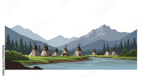 Illustration of a serene landscape with teepees by a river and mountains in the background.