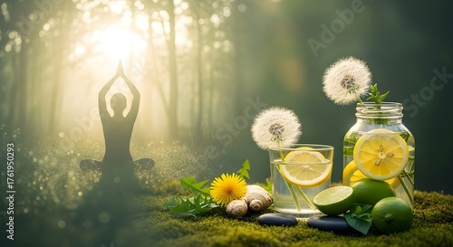 Yoga in nature with detox drinks, lemons, and herbs symbolize holistic health and cleansing.