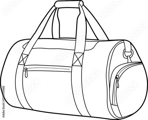 Duffel bag technical drawing, black and white line art, cylindrical travel bag with zipper compartments, handle grip, adjustable strap, cad drawing flat vector illustration