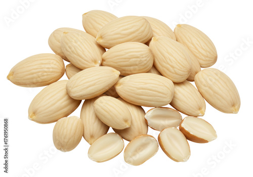 Tableau sur toile Isolated blanched almonds, a healthy snack rich in nutrients and vitamins, delic
