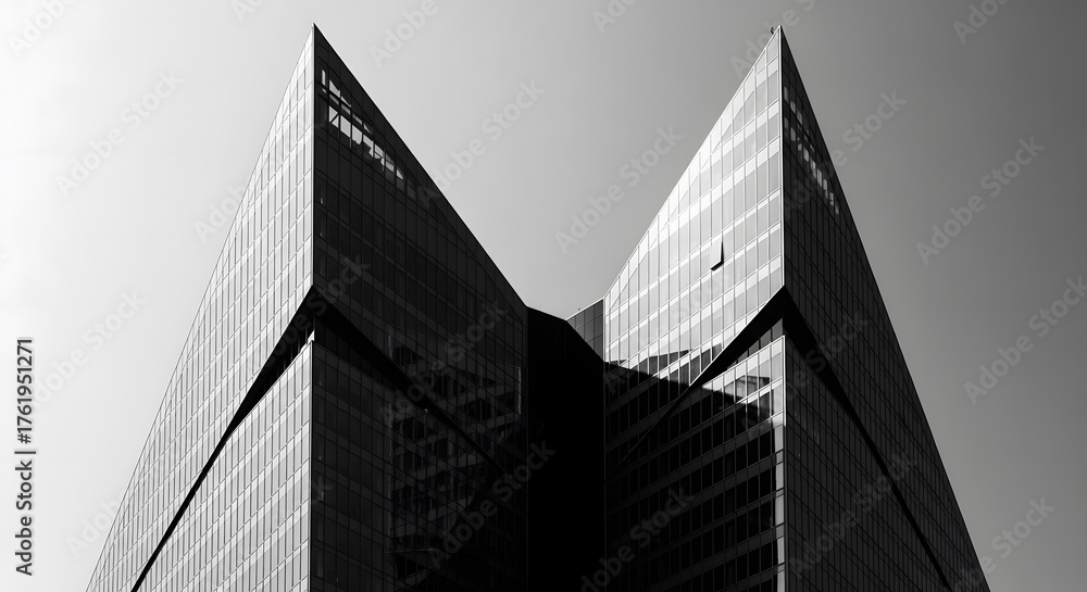 Fototapeta premium A striking monochromatic portrayal of a modern urban edifice, showcasing sharp geometric angles and reflective glass facades against a clear sky