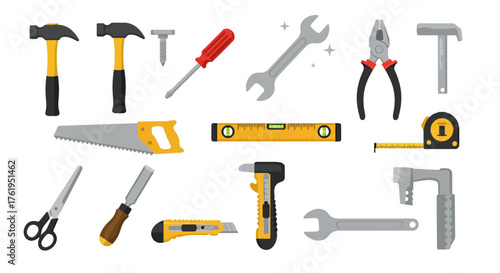 Assorted Hand Tools Collection Hammer, Screwdriver, Wrench, Saw, Level, Pliers, and More