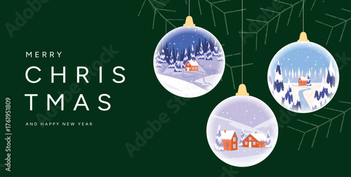 Christmas greeting card with glass ornaments shaped like snow globes, showing winter landscapes with snowy trees and houses. Elegant holiday banner with festive decorations and New Year mood.