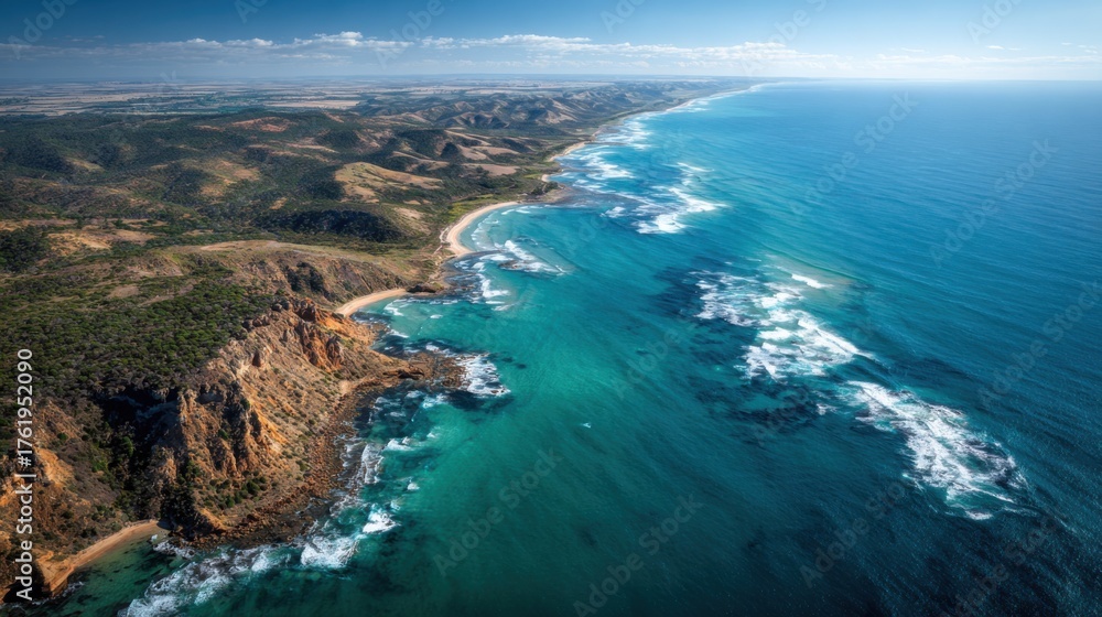 Fototapeta premium Aerial view of the stunning coastline with turquoise waters and cliffs.