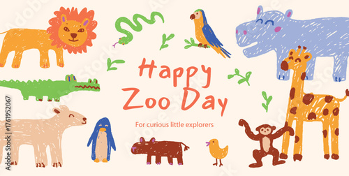 Cute zoo animals in kids crayon drawing style. Giraffe, lion, hippo, crocodile, snake, parrot and more. Fun and colorful illustration for posters, cards and children’s design