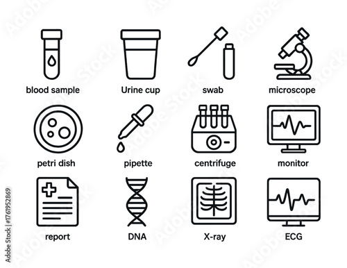 Medical lab equipment icons collection featuring microscope, x-ray, and dna symbols