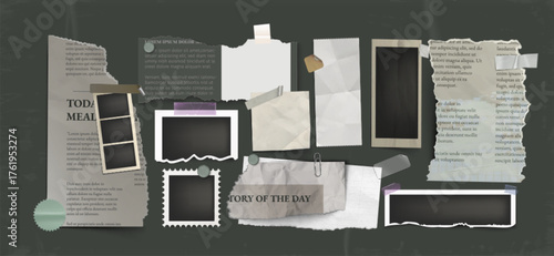 Retro scrapbook realistic collage with torn newspaper clippings, vintage photo frames and adhesive tape on textured bg. Empty placeholders, paper clips and ripped edges for nostalgic memory board.