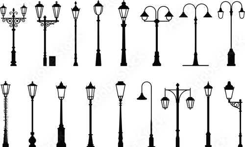 Street lamp silhouette collection, urban lighting design, decorative and modern lamp post variations, architectural outdoor fixtures, cad drawing flat vector illustration