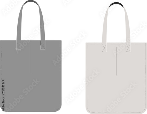 Tote bag technical flat sketch, fabric shopping bag design, simple handle construction, fashion accessory outline, cad drawing flat vector illustration