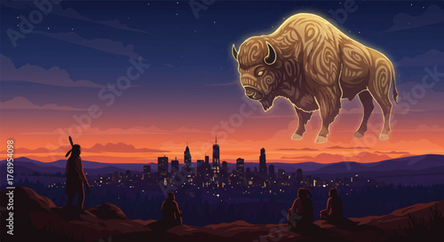Illustration of a mystical bison floating above a city skyline at sunset with silhouetted figures.