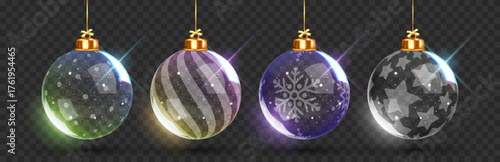 Christmas and New Year 3D glass bauble set with snow inside. Realistic transparent ornaments. Ideal for winter holiday decoration, greeting cards, festive designs.
