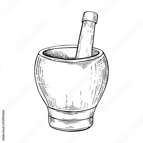 Empty wooden mortar with pestle vector isolated illustration painted by black inks. Etching drawing of kitchenware for grinding spices, herbs. Grind in bowl for cook book, homeopathic recipe decor