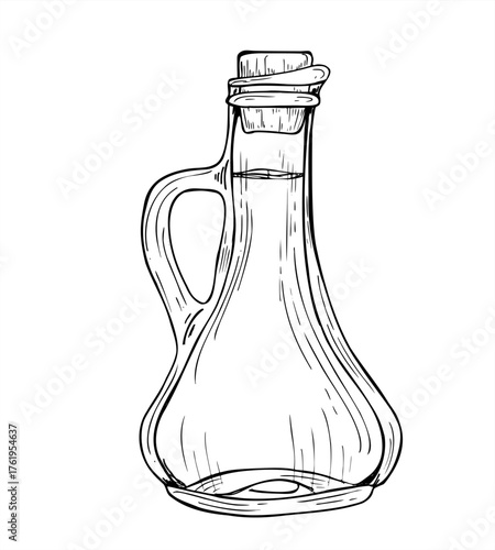 Monochrome oil glass bottle with cork stopper line art black ink sketch. Hand drawn kitchen utensil isolated illustration. Glassware with decorative cork for culinary, packaging, design, poster