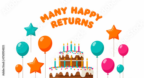 Celebrate joyously with a festive birthday cake surrounded by colorful balloons and sparkling stars wishing many happy returns
