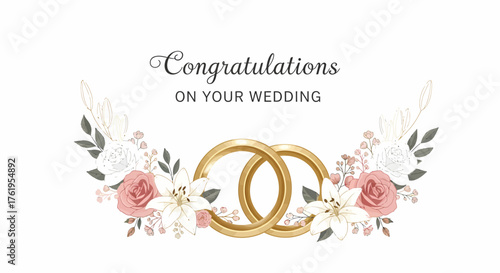 Elegant gold wedding rings adorned with delicate roses and lilies offer heartfelt congratulations for a beautiful union and future together