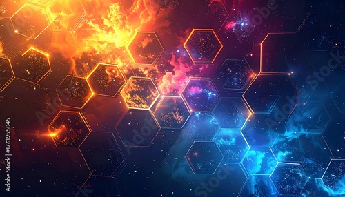 Abstract digital artwork featuring geometric hexagonal shapes with a fiery orange and blue cosmic backdrop, radiating light and depth