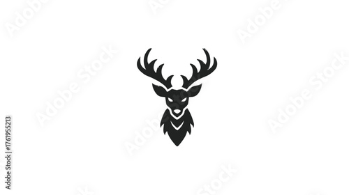 A graphic stylized black silhouette of a stag's head against a plain white background