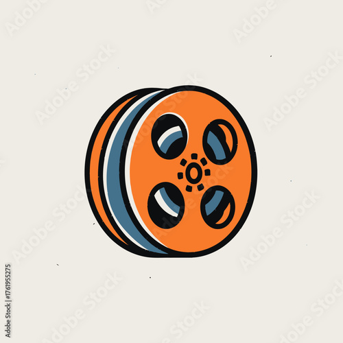 A retro-style illustration of a film reel in orange and blue. The background is a faded cream color