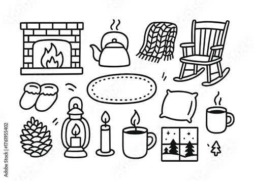 Cozy winter essentials - fireplace, tea kettle, blanket, rocking chair, candles