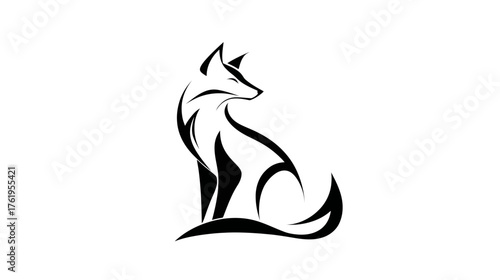 A simplified minimalist illustration of a sitting fox with stylized lines on a white background