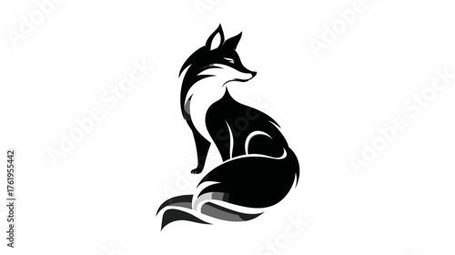 A stylized black and white fox illustration, featuring the animal in a seated, alert pose