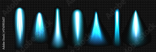 Blue rocket exhaust with fire trails and jet propulsion streams for spaceship engine effect or sci fi design. Glowing plasma boost with bright energy thrust. Neon flame on transparent background.