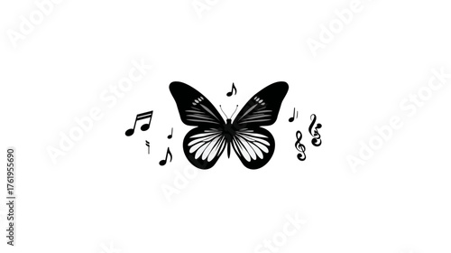 A black and white butterfly is surrounded by musical notes on a white background