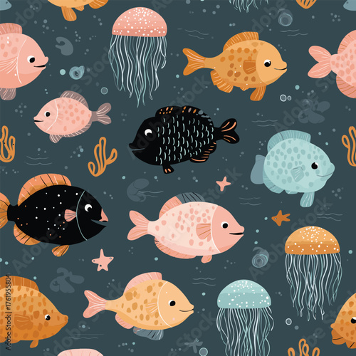 Cute sea animals seamless pattern with fish and jellyfish. Childish and playful vector illustration for kids fabric, wrapping paper, cover, baby clothing, surface design and more