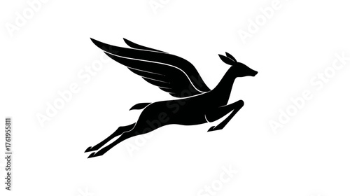 A silhouette image of a winged deer, captured mid-leap, showcasing elegant lines on a white background