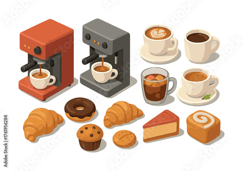 Isometric coffee machines and variety of pastries with beverages