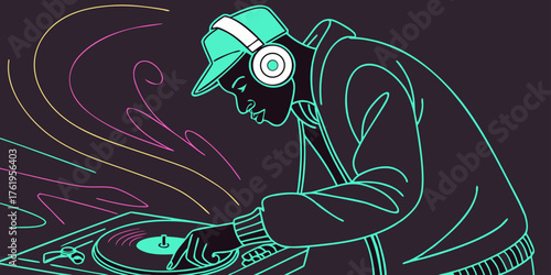 Dynamic DJ crafting beats and mixing music with glowing neon sound waves emanating from the turntable, perfect for club nights and party promotions