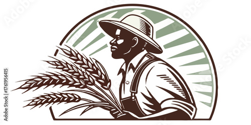 Proud farmer in hat holding abundant wheat harvest, symbolizing agriculture and natural bounty