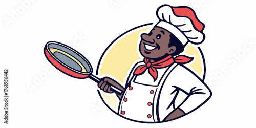 Joyful chef holding a frying pan with a confident smile, ready to create delicious culinary masterpieces for your business!