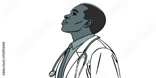 Confident Black male doctor in white lab coat with stethoscope looks upwards with hope and determination for patient care and medical breakthroughs.