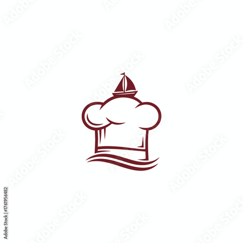 Chef Hat and Sailboat Logo. Gourmet Seafood, Travel, and Culinary Adventure.