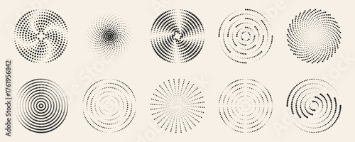 Dot radial ripple patterns with concentric circles and spiral formations on beige background. Black dotted geometric designs with halftone textures. Abstract minimalist circular motion effects.