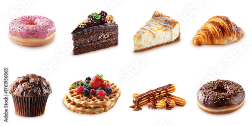 Assorted dessert collection, variety of sweet treats set, pastries, cheesecake, pink donut, churros, pink donut. Colorful and appetizing dessert, gourmet desserts isolated on white background