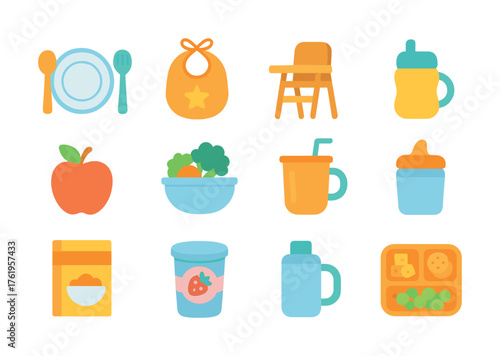 Colorful baby feeding essentials including utensils, high chair, sippy cups, and baby food icons