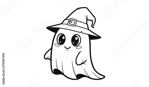 Cute cartoon ghost wearing a witch hat for halloween