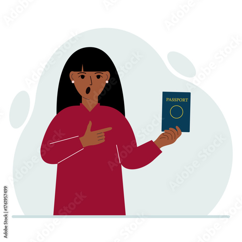 A woman holds a passport in his hand for verification. The concept of user control.