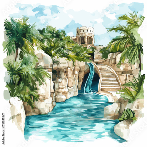Xcaret Eco Park. Xcaret Eco Park hand drawn watercolor illustration