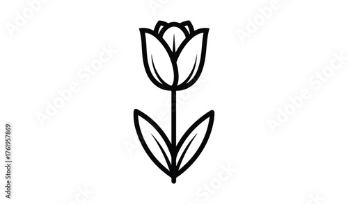 Simple black and white line drawing of a single tulip flower with leaves