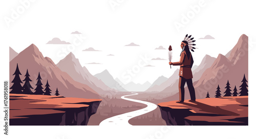 Native American man in traditional attire standing on a cliff holding a spear against a mountainous landscape with a river